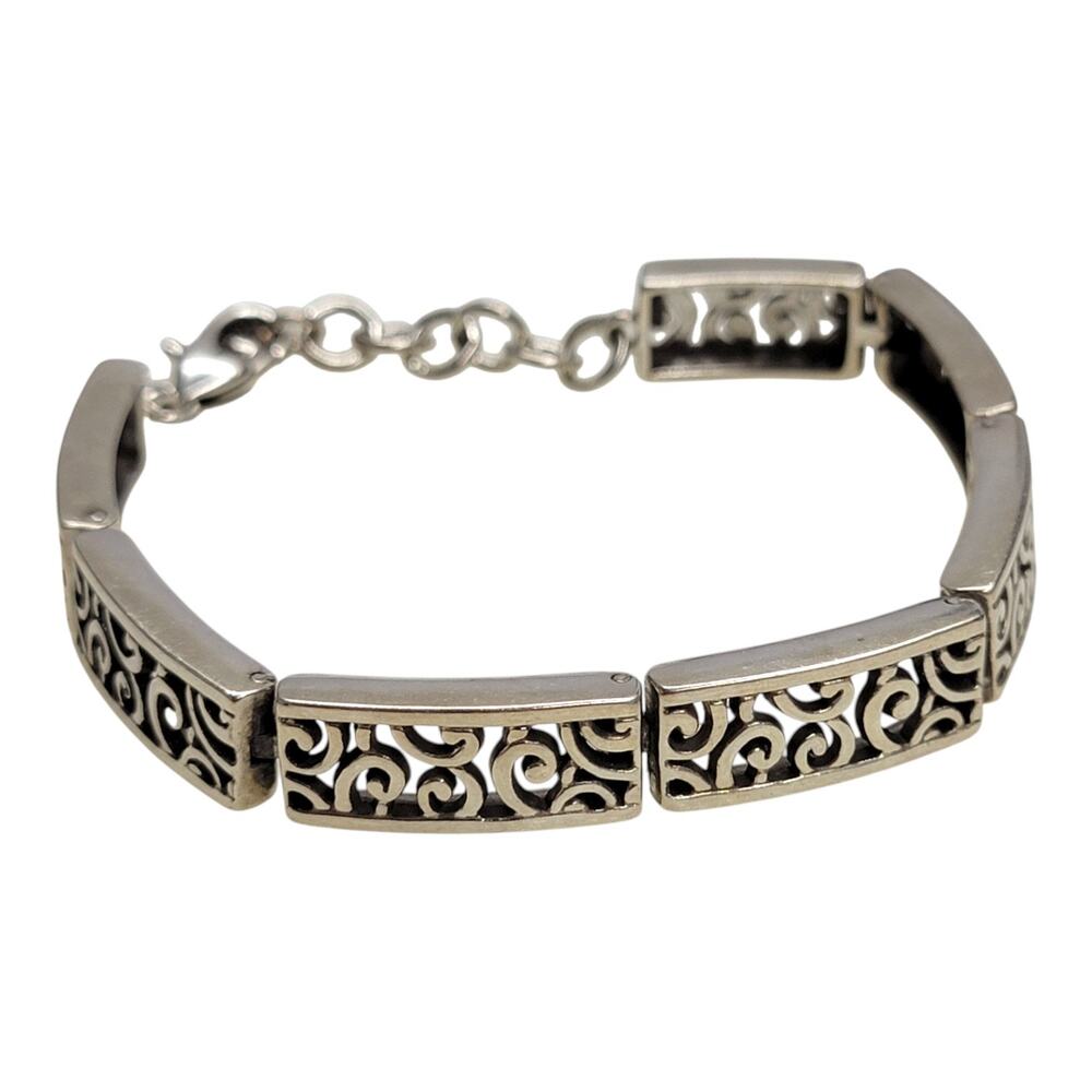 Brighton Silver Plated Scroll Filigree Curved Bar Link Heart Charm Bracelet